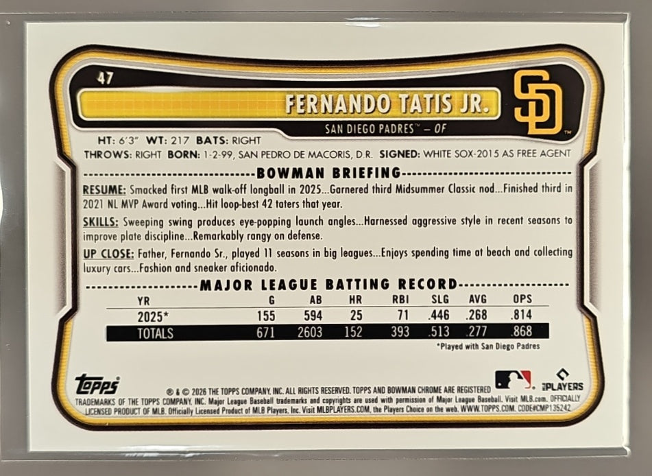 2026 Bowman Fernando Tatis Jr. #47 Logo Pattern Padres image 1