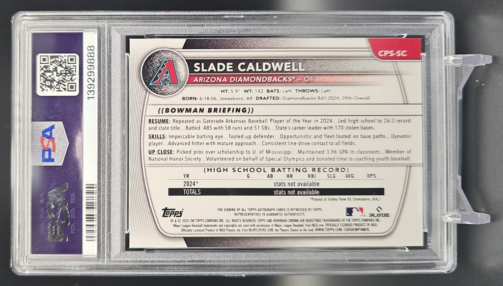 2025 Bowman Sapphire Slade Caldwell #CPS-SC Chrome Auto Green Refractor /99 1st Prospect PSA 9 PSA 9.0 image 1