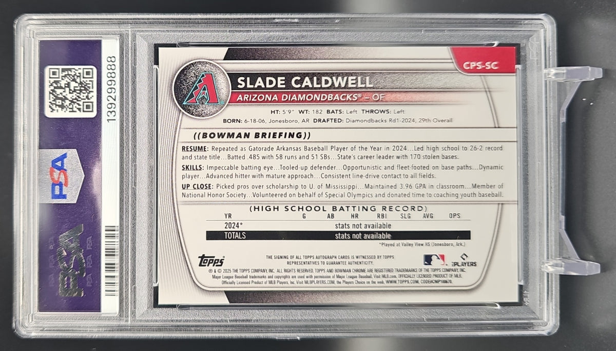 2025 Bowman Sapphire Slade Caldwell #CPS-SC Chrome Auto Green Refractor /99 1st Prospect PSA 9 PSA 9.0 image 1