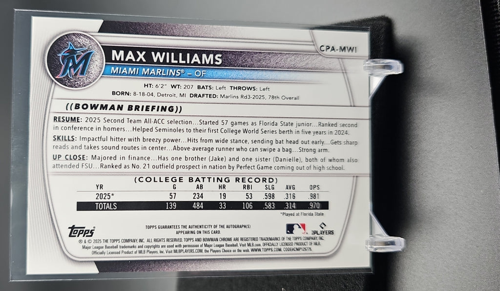 2025 Bowman Draft Max Williams #CPA-MWI Chrome Auto Blue Refractor /150 1st Prospect image 1