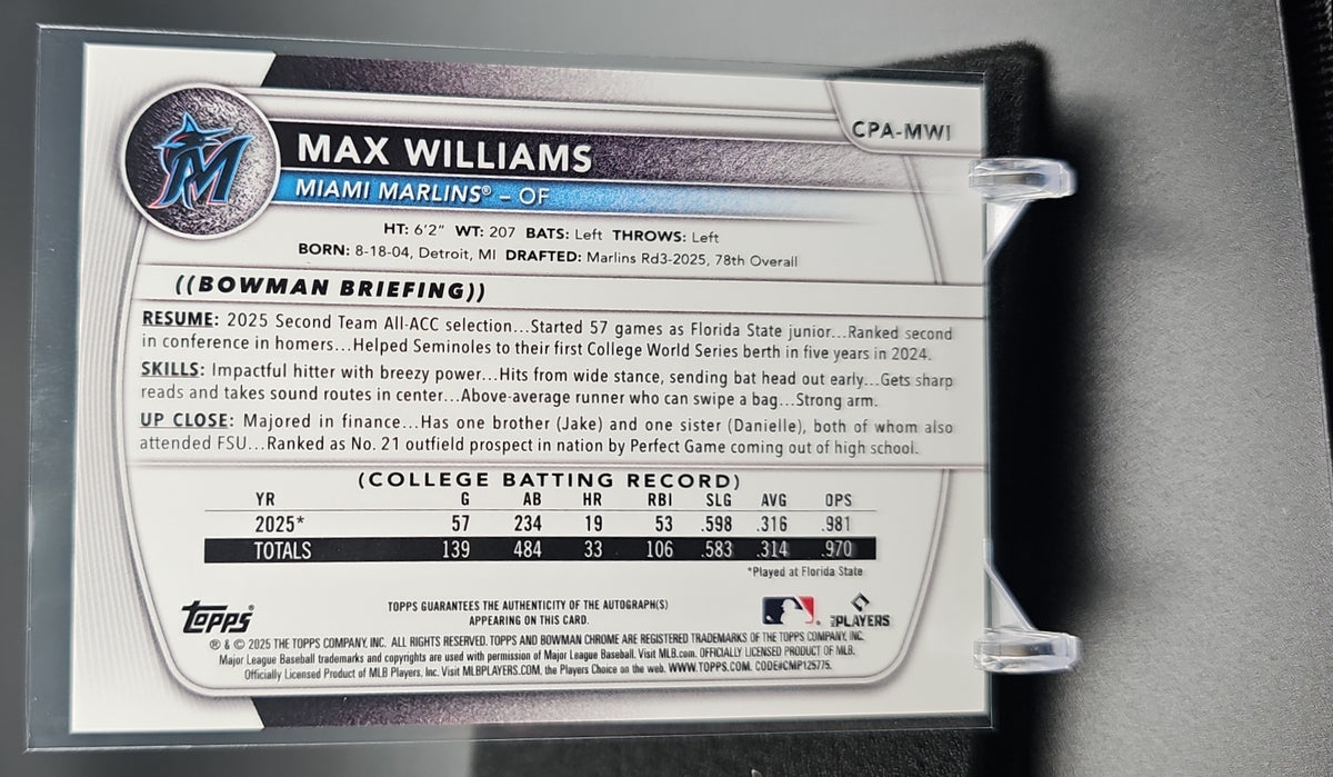 2025 Bowman Draft Max Williams #CPA-MWI Chrome Auto Blue Refractor /150 1st Prospect image 1