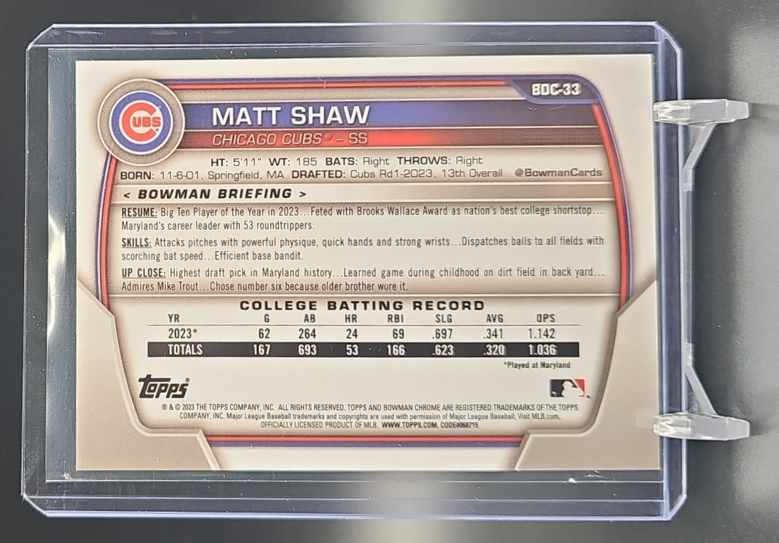 2023 Bowman Draft Matt Shaw #BDC-33 Chrome Refractor 1st Cubs Image Variation nan nan image 1