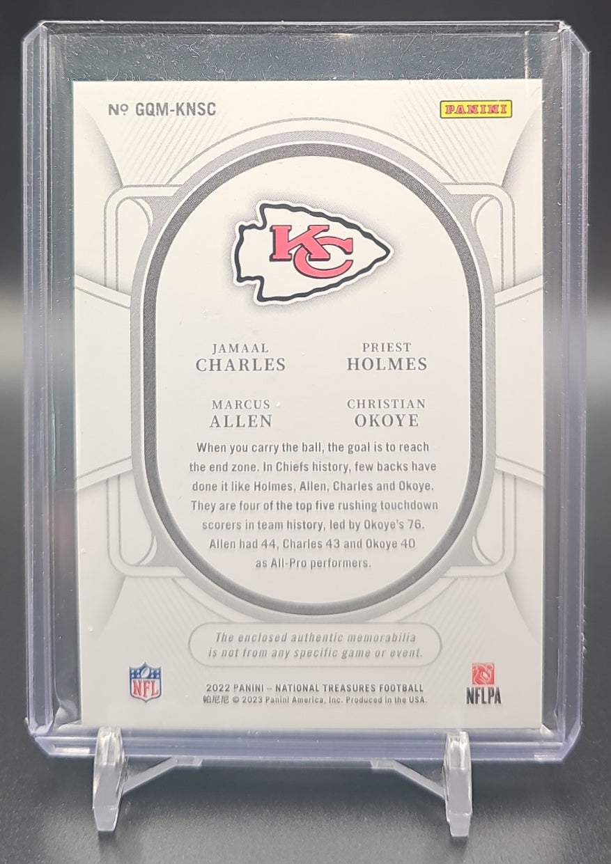 2022 Panini National Treasures Jamaal Charles Priest Holmes Marcus Allen Christian Okoye #GQM-KNSC NFL Gear Quad Materials /99 ME image 1