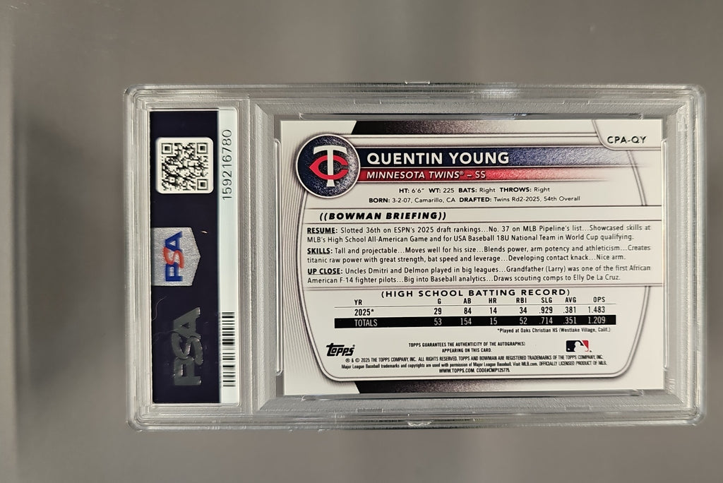 2025 Bowman Draft Sapphire Quentin Young #CPA-QY Chrome Auto Green Refractor /99 1st Prospect PSA 9 image 1
