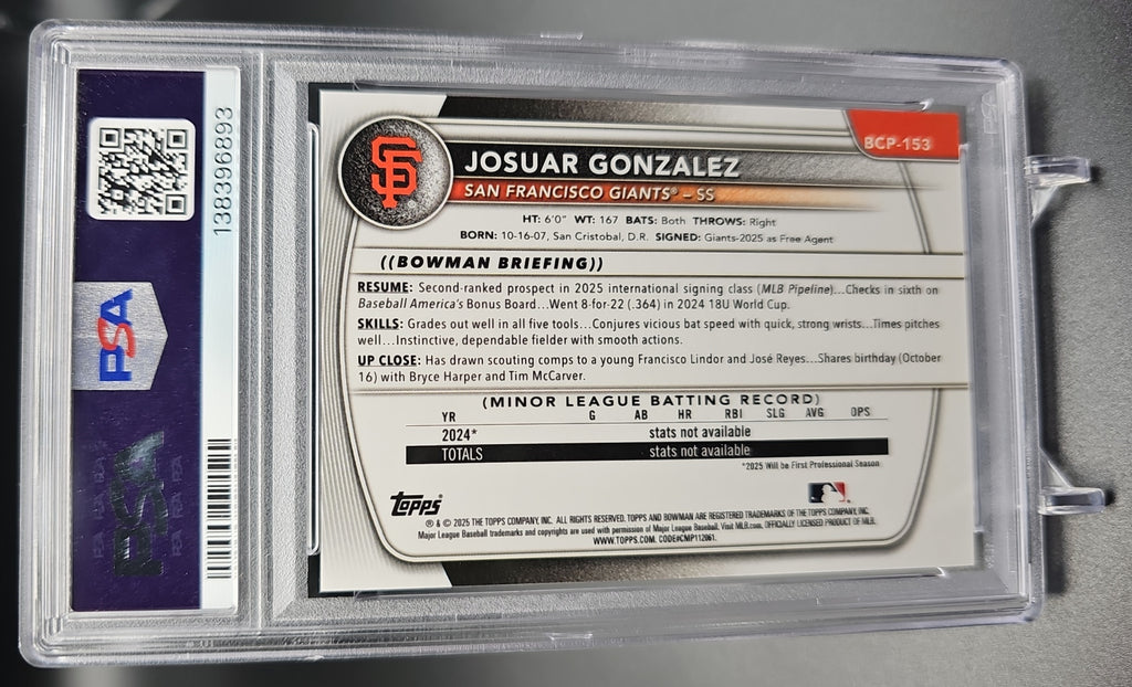 2025 Bowman Chrome Josuar Gonzalez #BCP-153 Red Geometric Refractor /5 1st Prospect PSA 8 PSA 8.0 image 1