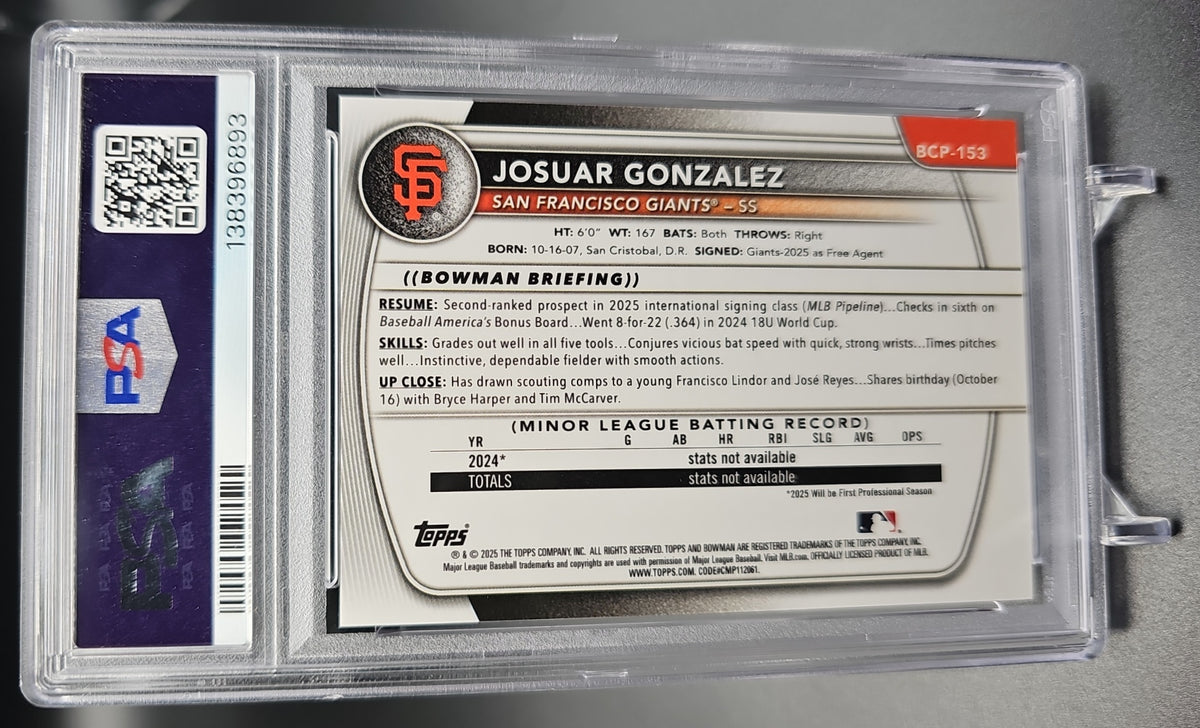 2025 Bowman Chrome Josuar Gonzalez #BCP-153 Red Geometric Refractor /5 1st Prospect PSA 8 PSA 8.0 image 1