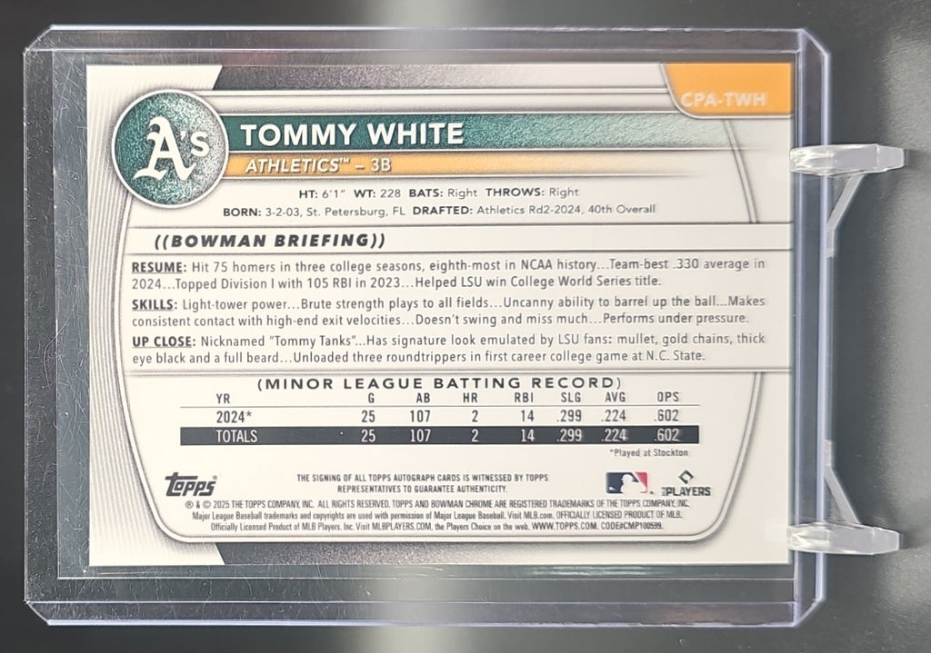 2025 Bowman Chrome Tommy White #CPA-TWH Auto Green Lava Refractor /99 1st Prospect image 1