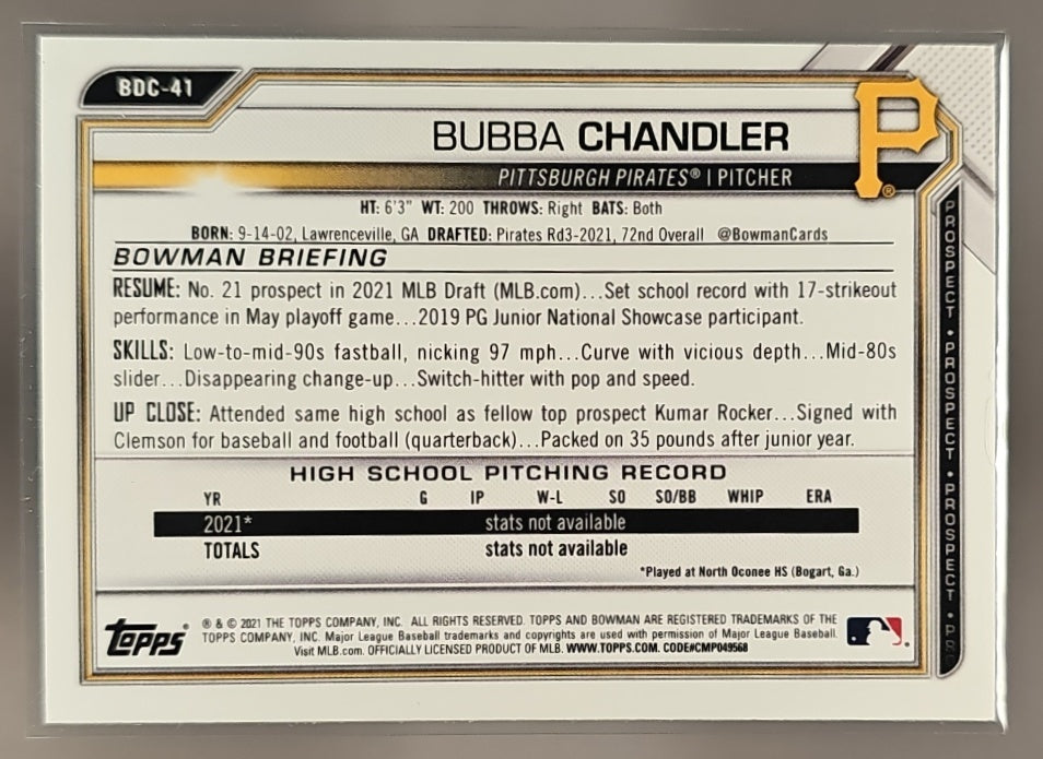2021 Bowman Draft Bubba Chandler #BDC-41 Chrome Asia Refractor 1st Prospect image 1