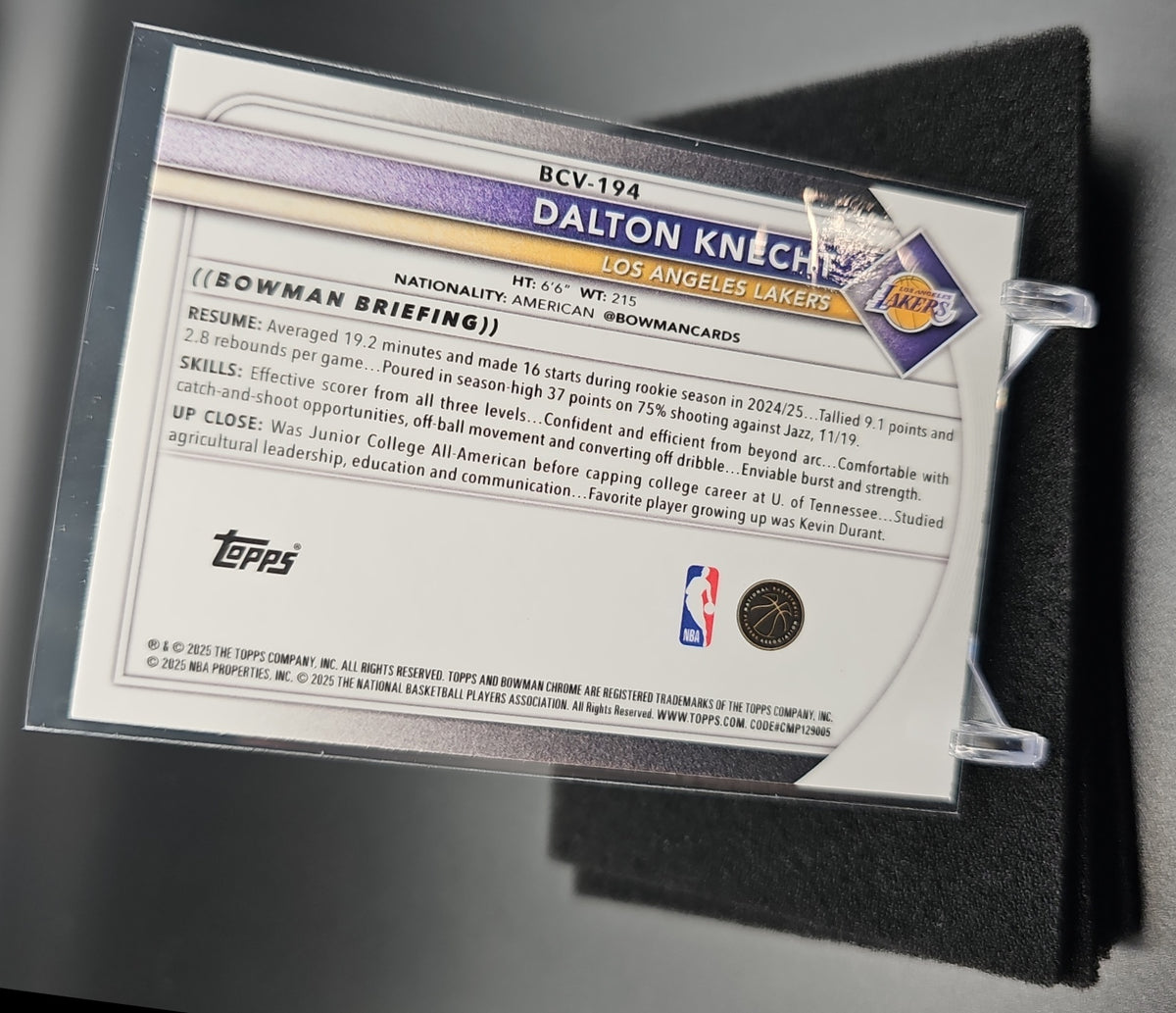 2025-26 Bowman Dalton Knecht #BCV-194 Chrome Blue Refractor 20/150 Lakers image 1