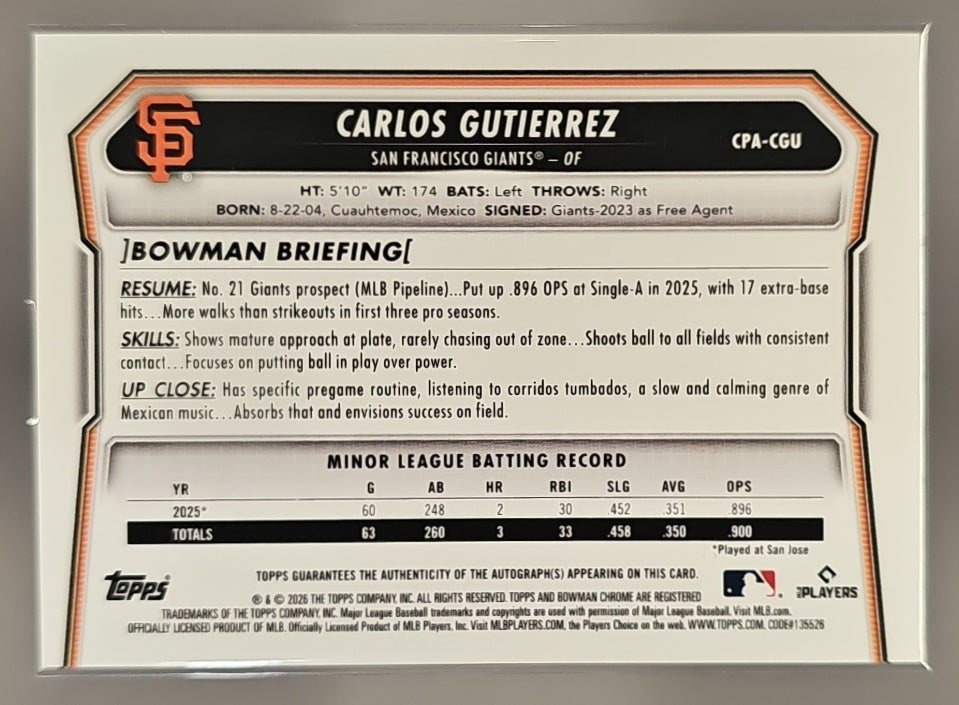 2026 Bowman Carlos Gutierrez #CPA-CGU Chrome Auto Speckle Refractor /299 1st Prospect image 1