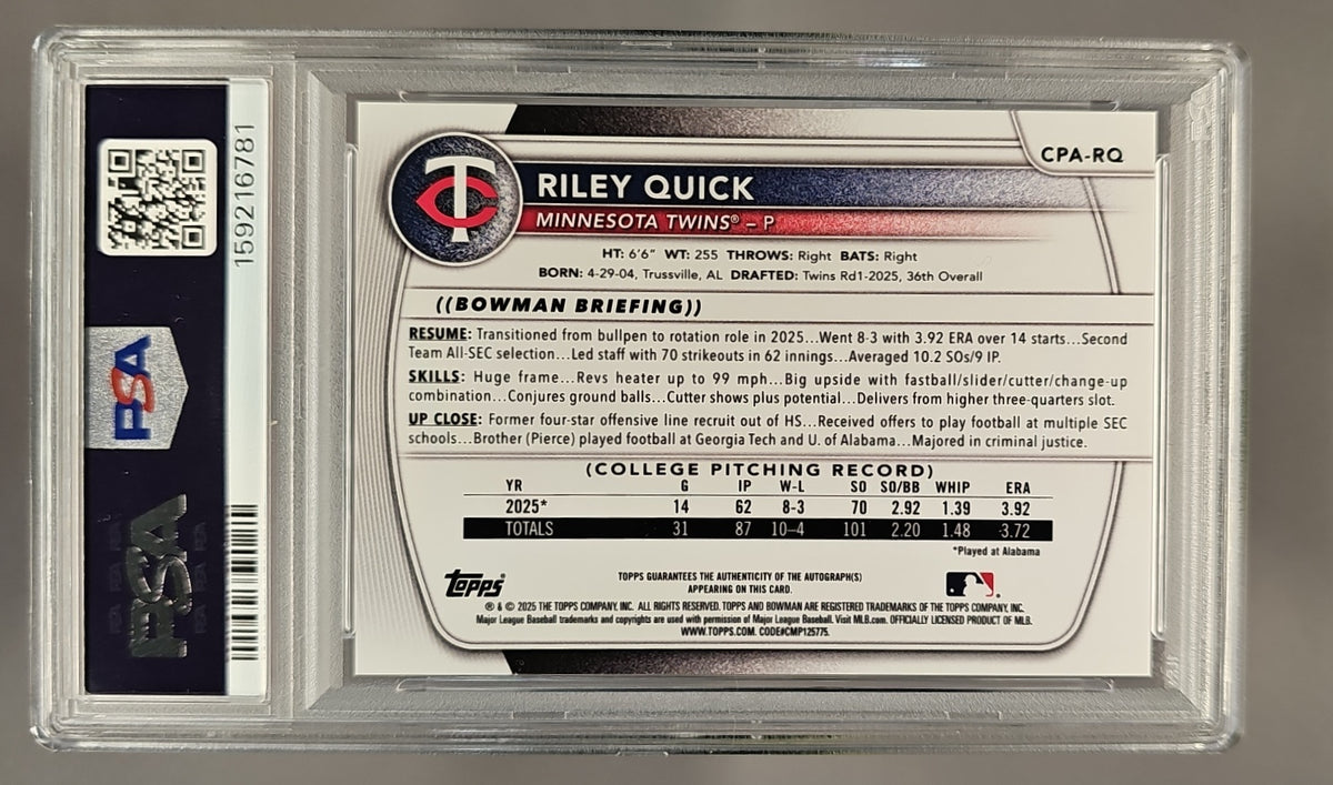 2025 Bowman Draft Sapphire Riley Quick #CPA-RQ Chrome Auto Gold Refractor /50 1st Prospect PSA 10 image 1