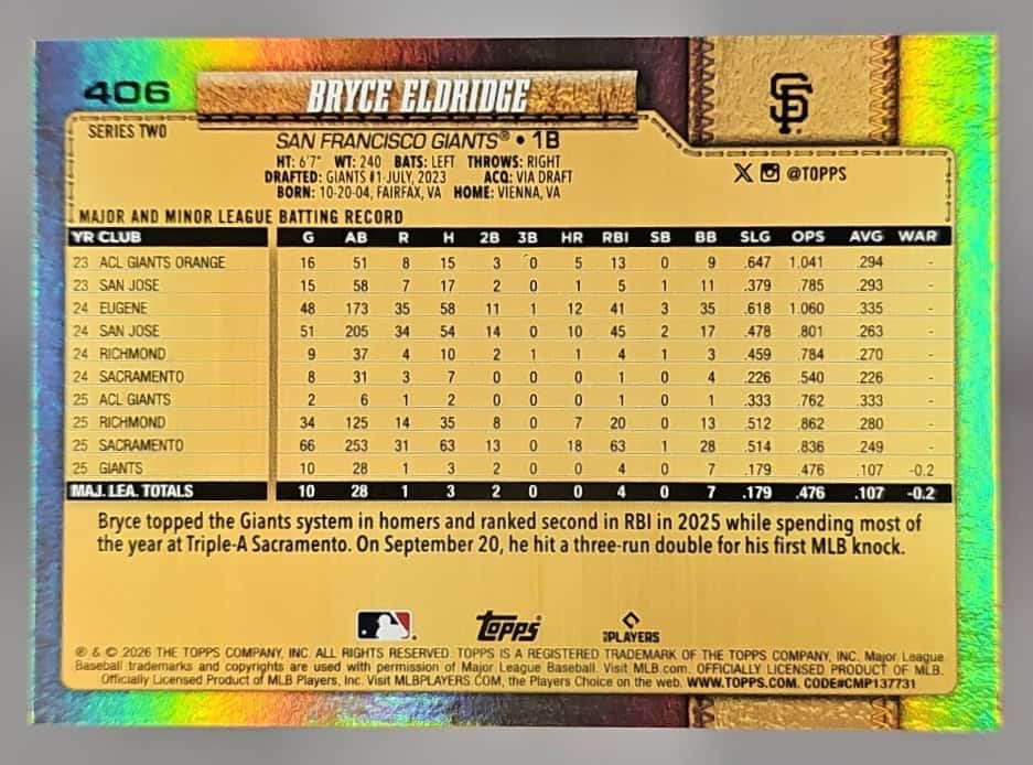 2026 Topps Series 2 Bryce Eldridge #406 Golden Mirror Variation SP RC Giants image 1