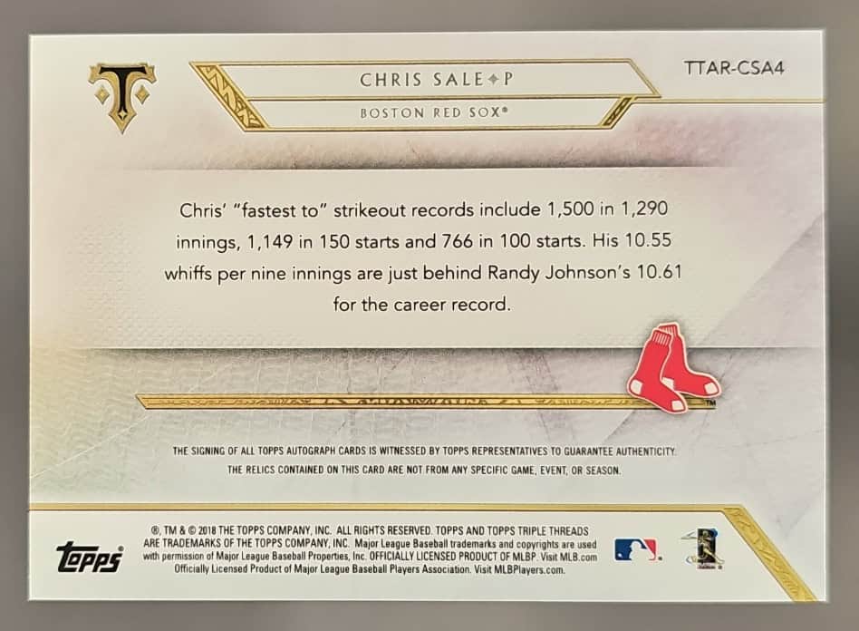 2018 Topps Triple Threads Chris Sale #TTAR-CSA4 Auto Relics 12/18 Red Sox image 1