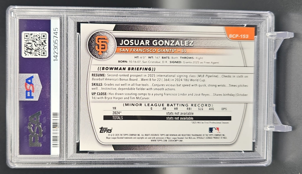 2025 Bowman Chrome Sapphire Josuar Gonzalez #BCP-153 1st Prospect Giants PSA 10 PSA 10.0 image 1