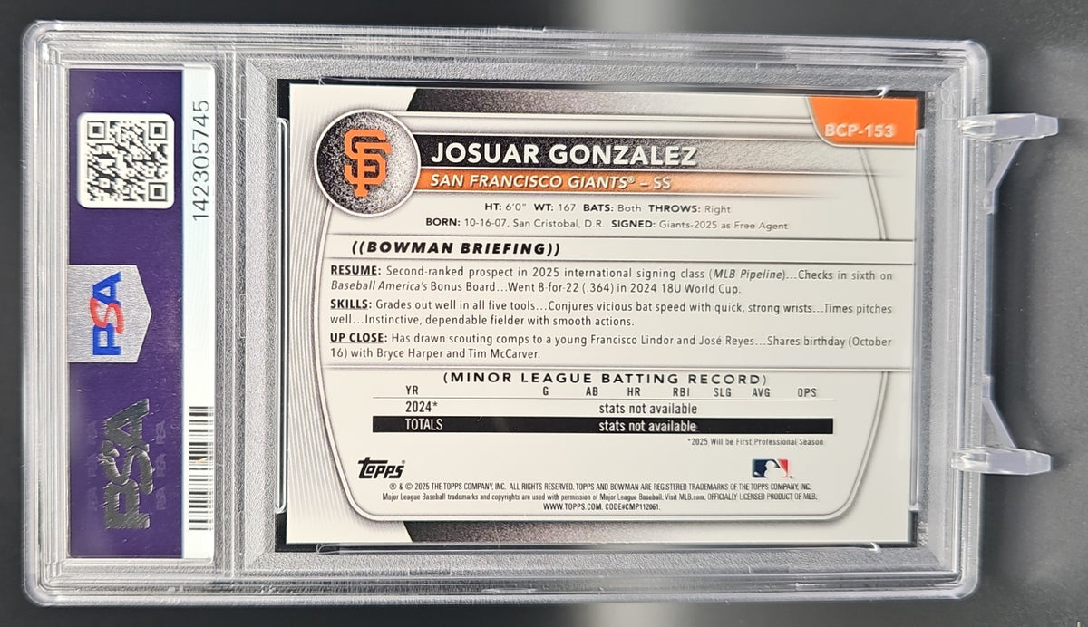 2025 Bowman Chrome Sapphire Josuar Gonzalez #BCP-153 1st Prospect Giants PSA 10 PSA 10.0 image 1