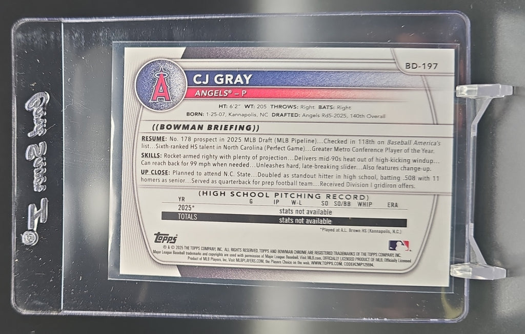 2025 Bowman Draft CJ Gray #BD-197 Black Border 1/1 1st Prospect Angels nan nan image 1