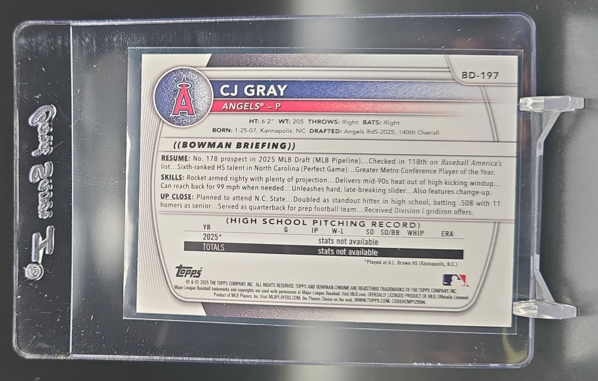 2025 Bowman Draft CJ Gray #BD-197 Black Border 1/1 1st Prospect Angels nan nan image 1