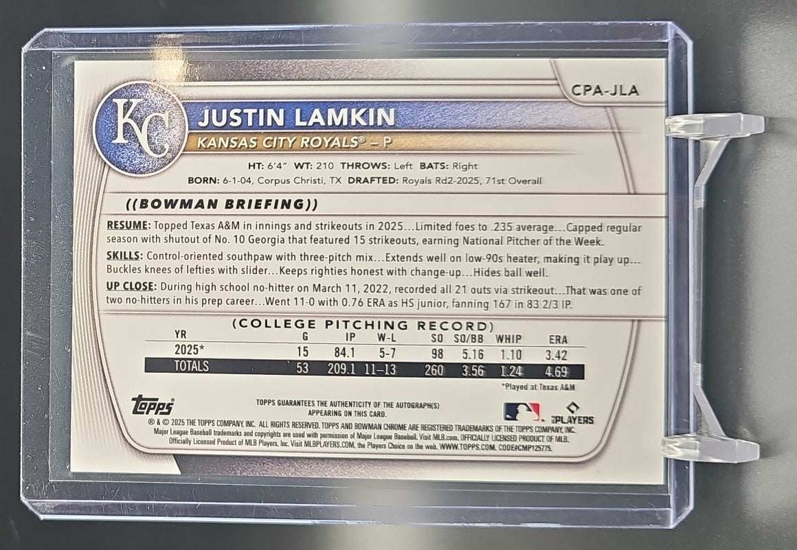 2025 Bowman Draft Justin Lamkin #CPA-JLA Chrome Auto Green Refractor /99 1st Prospect nan nan image 1