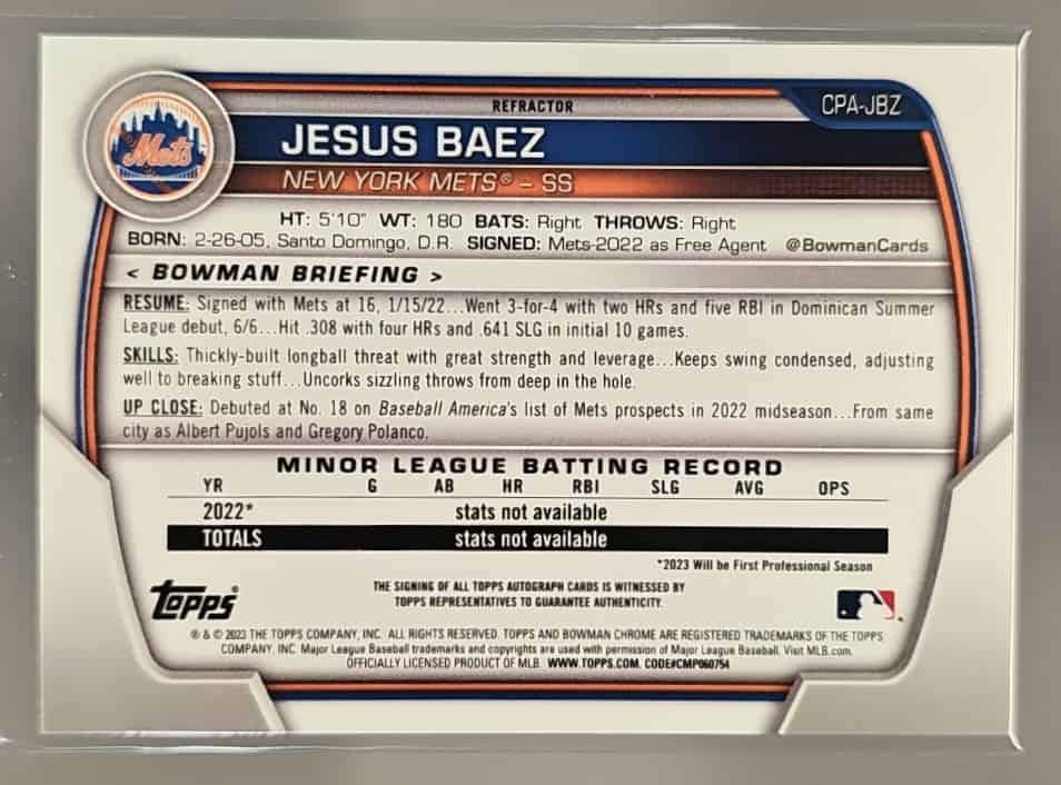 2023 Bowman Jesus Baez #CPA-JBZ Chrome Auto Refractor 147/499 1st Prospect Mets image 1