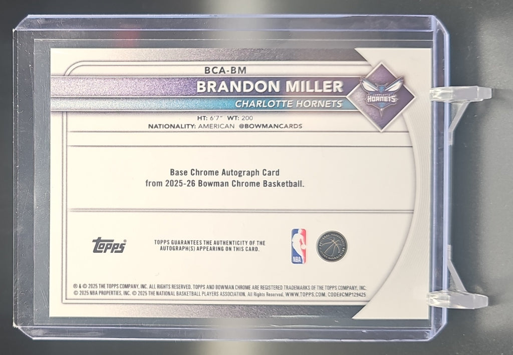 2025-26 Bowman Brandon Miller #BCA-BM Chrome Auto Gold Refractor 11/50 Hornets image 1