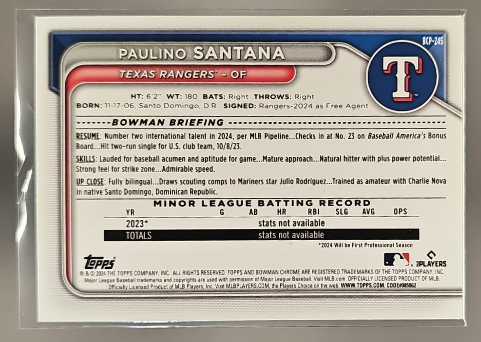 2024 Bowman Chrome Paulino Santana #BCP-245 Blue Refractor /150 1st Prospect image 1