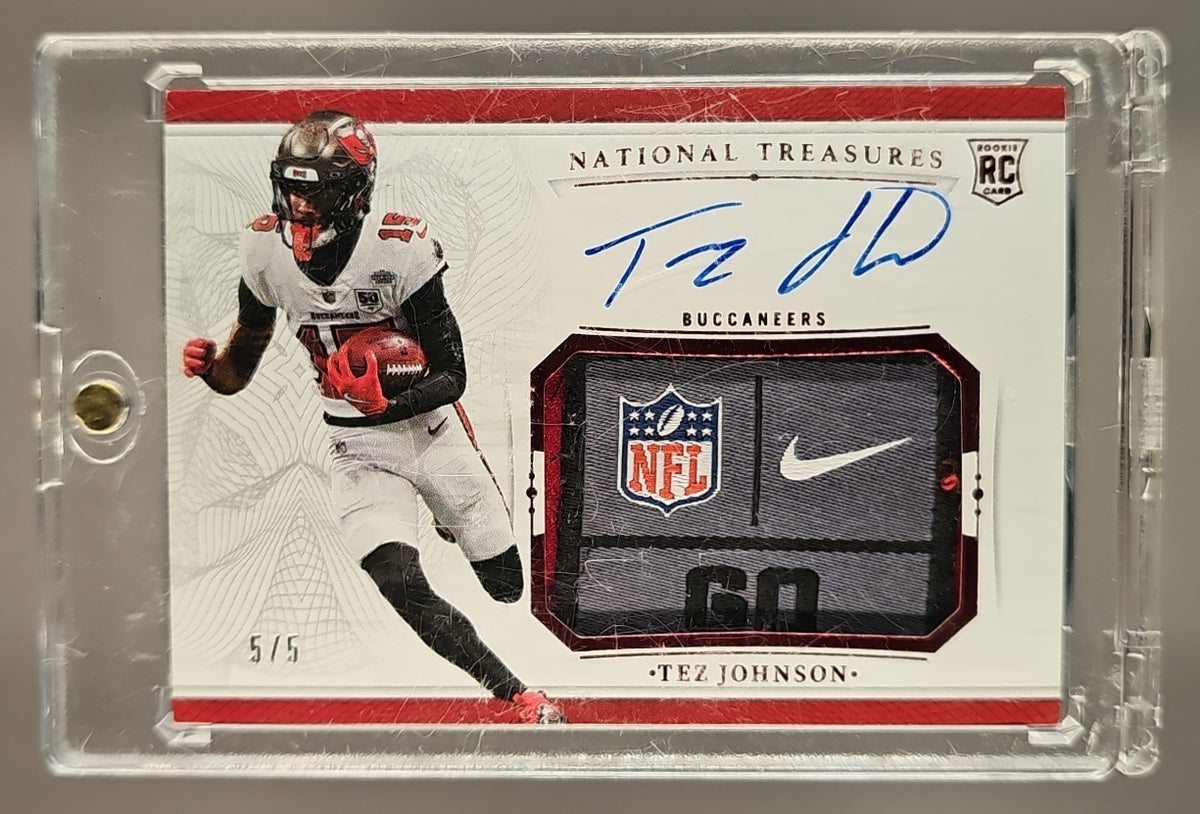2025 Panini National Treasures Tez Johnson #CRPA-TJN Crossover Rookie Patch Auto Laundry Tag /5 MEM RC image 0