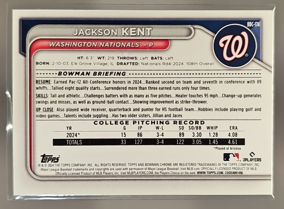 2024 Bowman Draft Jackson Kent #BDC-174 Chrome Gold Refractor /50 1st Prospect image 1