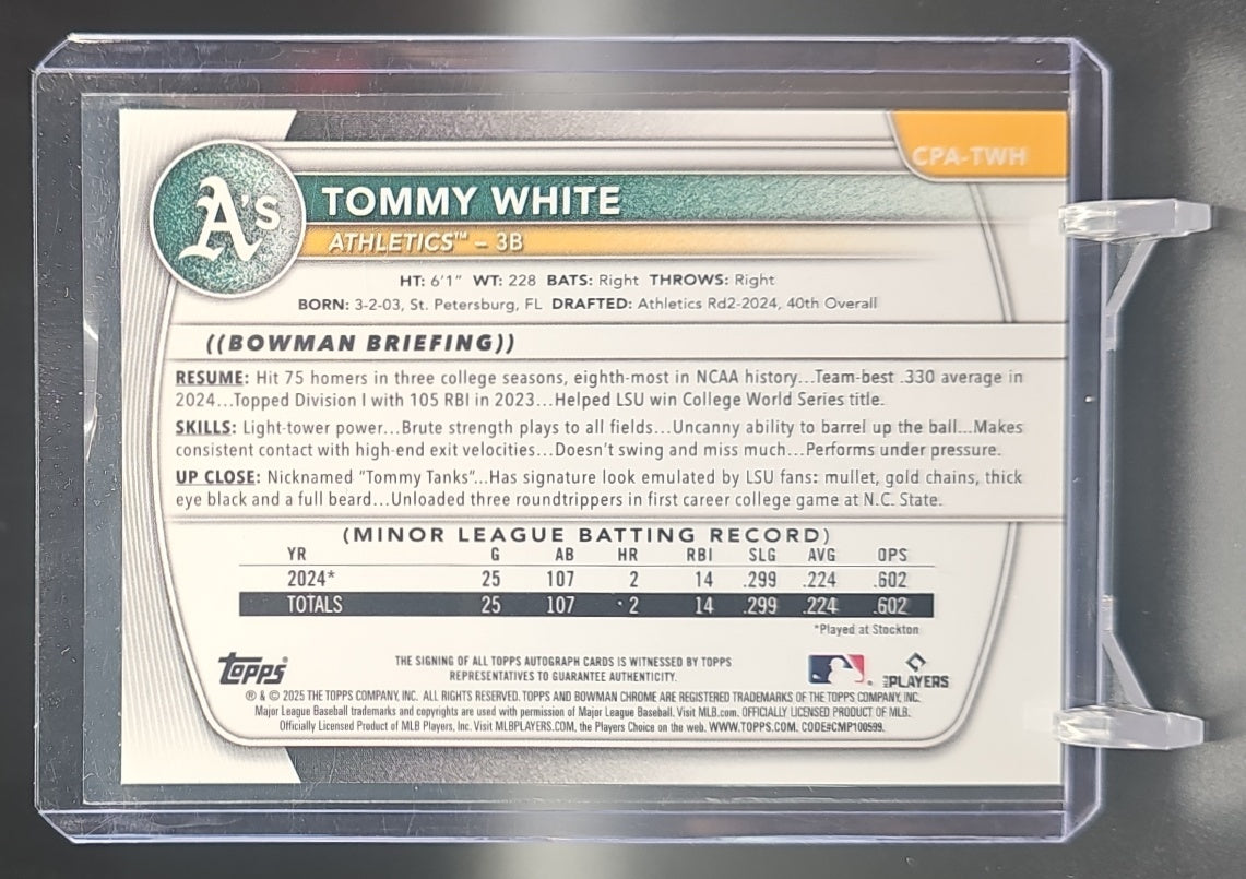 2025 Bowman Chrome Tommy White #CPA-TWH Auto 1st Prospect Athletics image 1