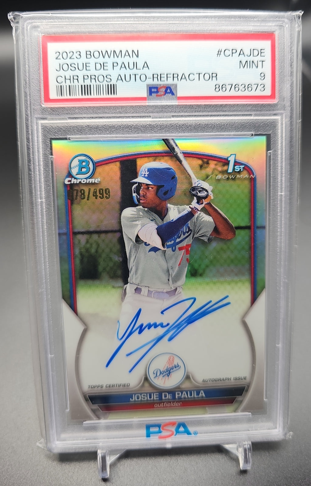 2023 Bowman Josue De Paula #CPA-JDE Chrome Auto Refractor /499 1st Prospect PSA 9 PSA 9.0 image 0
