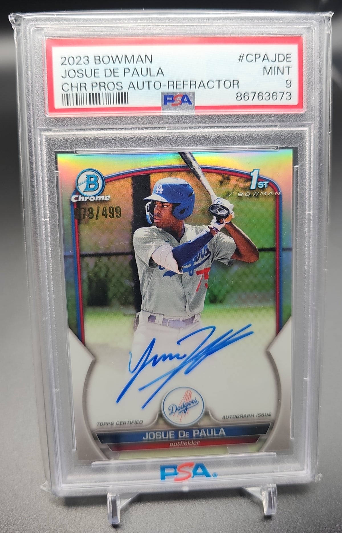 2023 Bowman Josue De Paula #CPA-JDE Chrome Auto Refractor /499 1st Prospect PSA 9 PSA 9.0 image 0