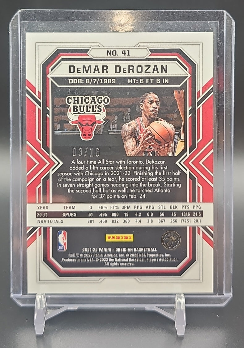 2021-22 Panini Obsidian DeMar DeRozan #41 Electric Etch Blue FOTL 3/16 Bulls image 1