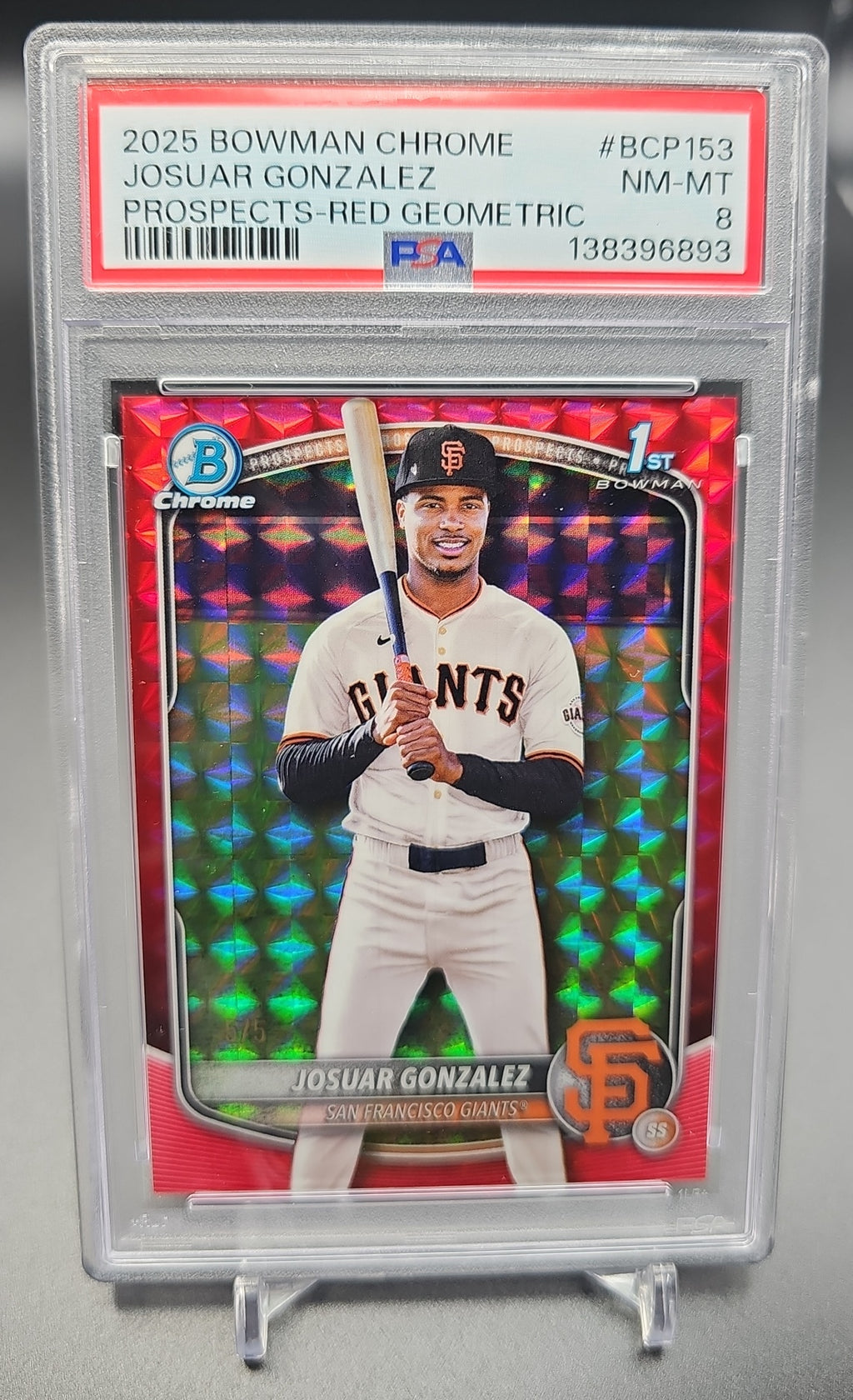 2025 Bowman Chrome Josuar Gonzalez #BCP-153 Red Geometric Refractor /5 1st Prospect PSA 8 PSA 8.0 image 0