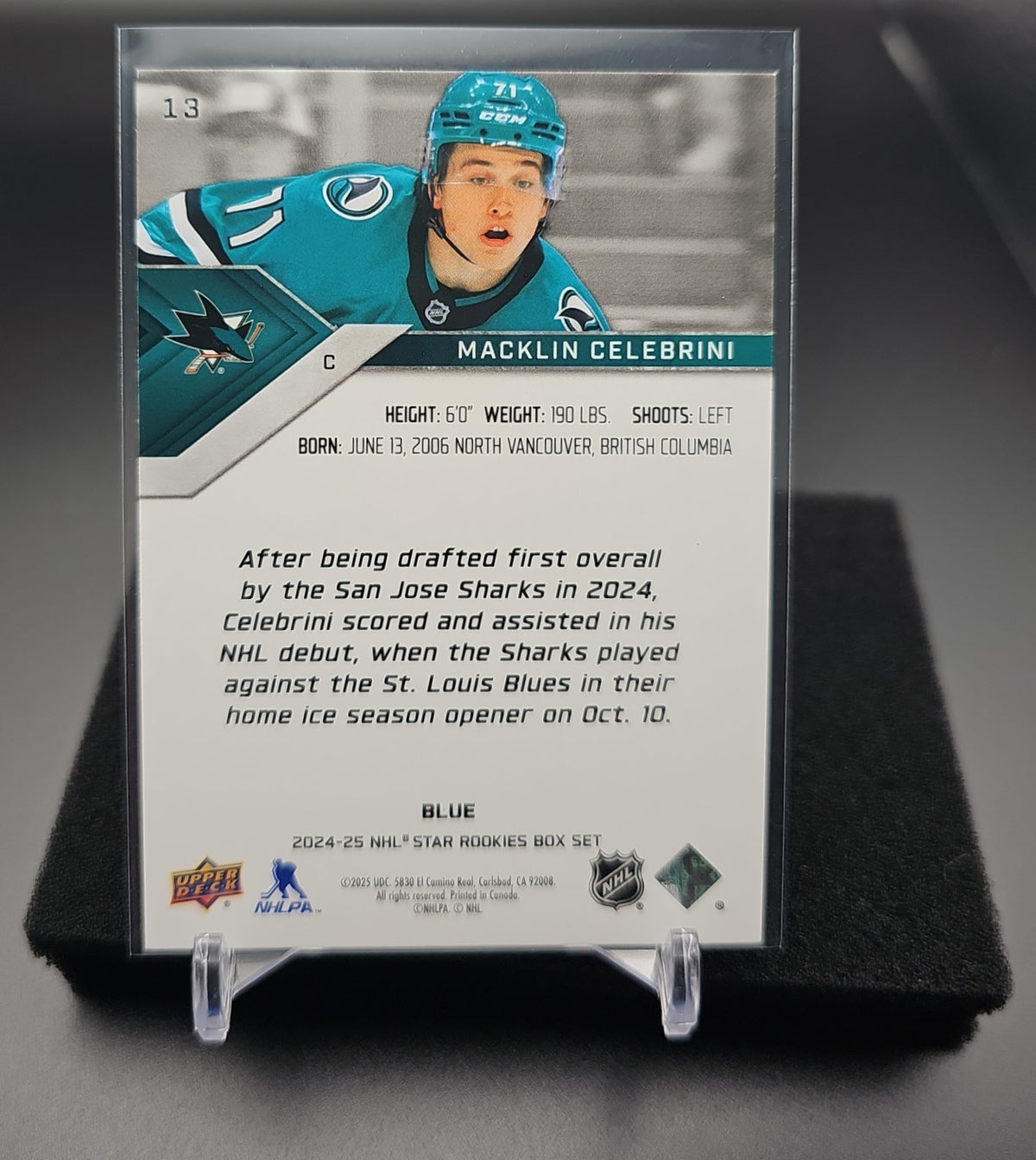 2024-25 Upper Deck Star Rookies Box Set Macklin Celebrini #13 Blue Sharks image 1