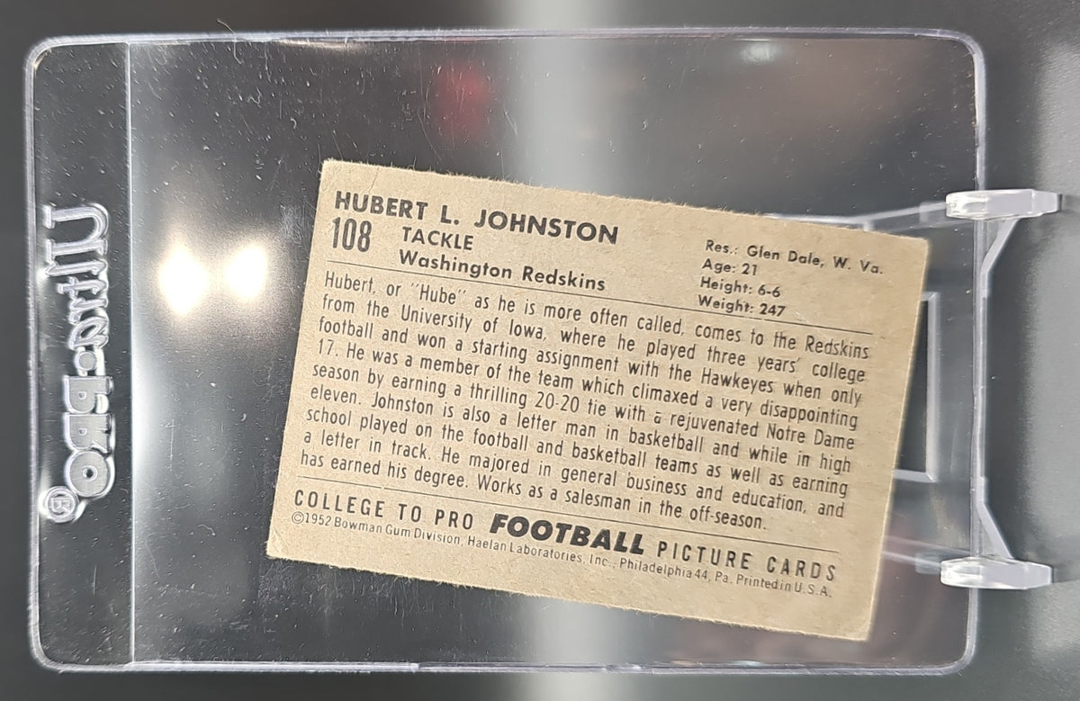 1952 Bowman Small Hubert Johnston #108 UER RC Redskins image 1