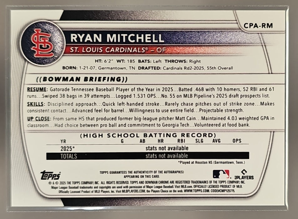 2025 Bowman Draft Ryan Mitchell #CPA-RM Chrome Auto Blue Wave Refractor /150 1st Prospect image 1