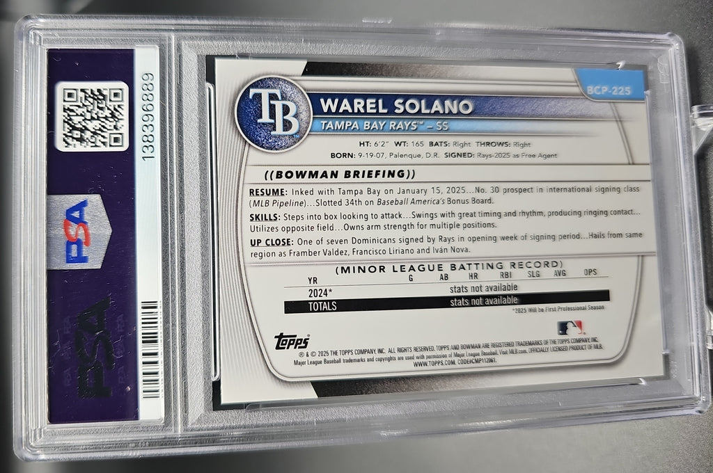 2025 Bowman Chrome Warel Solano #BCP-225 Popcorn Refractor 1st Prospect PSA 10 PSA 10.0 image 1