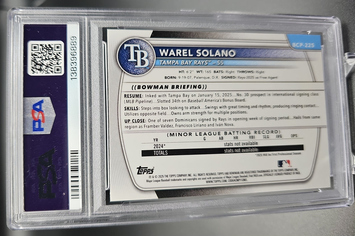 2025 Bowman Chrome Warel Solano #BCP-225 Popcorn Refractor 1st Prospect PSA 10 PSA 10.0 image 1
