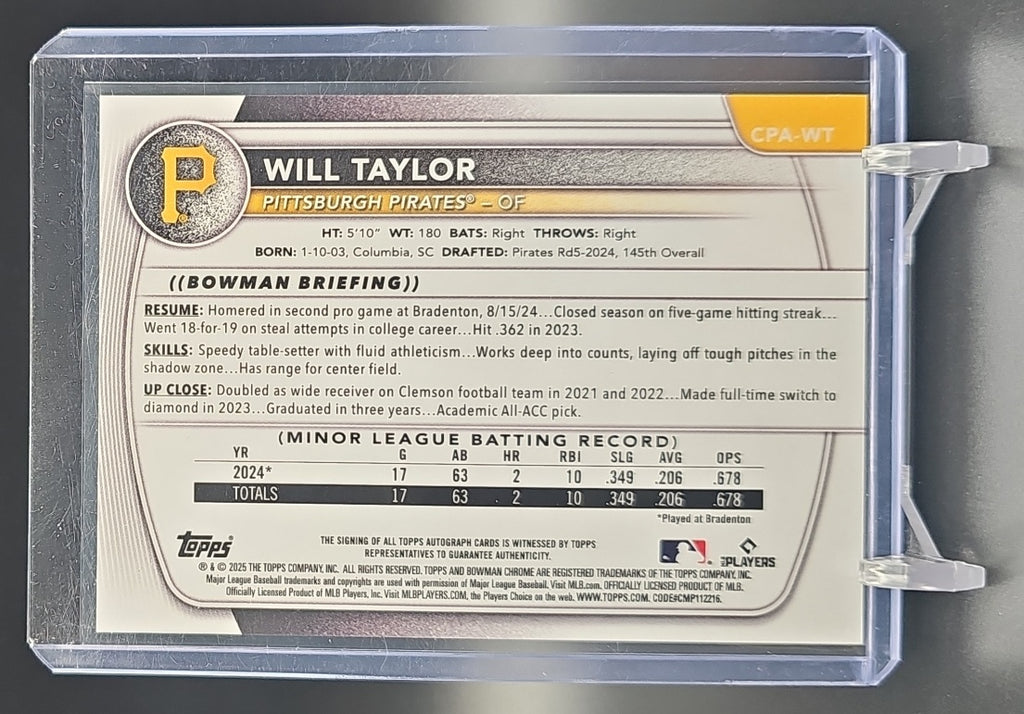 2025 Bowman Chrome Will Taylor #CPA-WT Auto HTA Choice Refractor /150 1st Prospect nan nan image 1