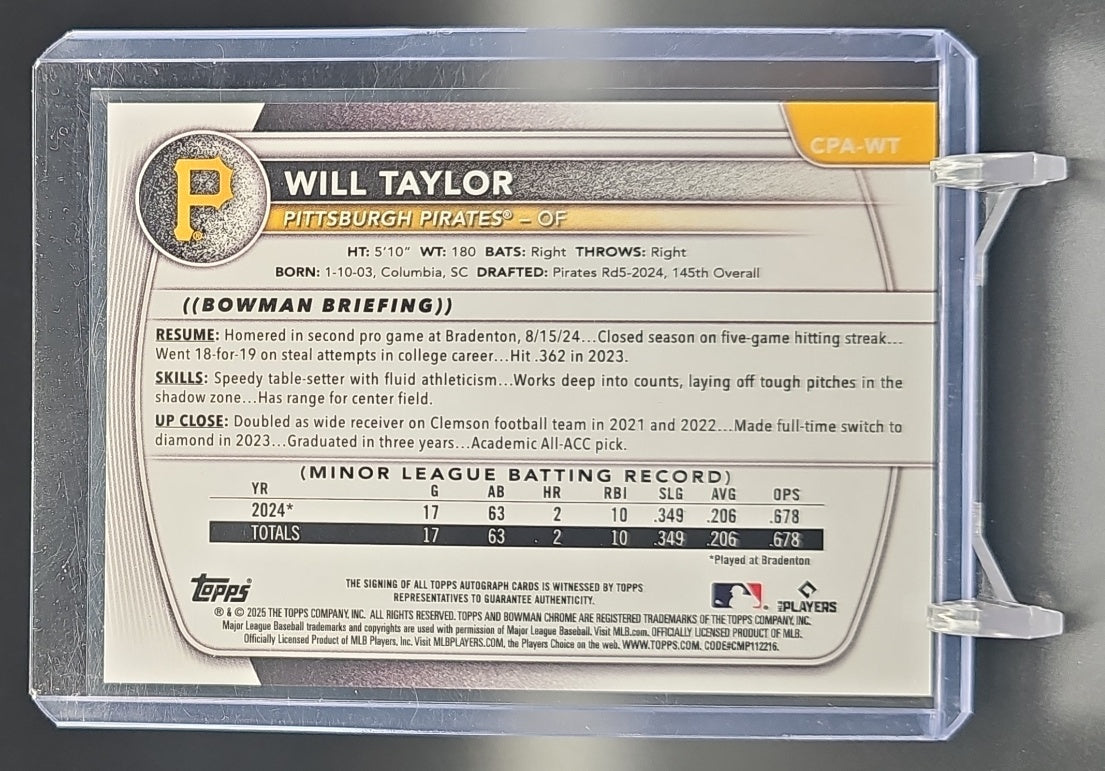 2025 Bowman Chrome Will Taylor #CPA-WT Auto HTA Choice Refractor /150 1st Prospect nan nan image 1