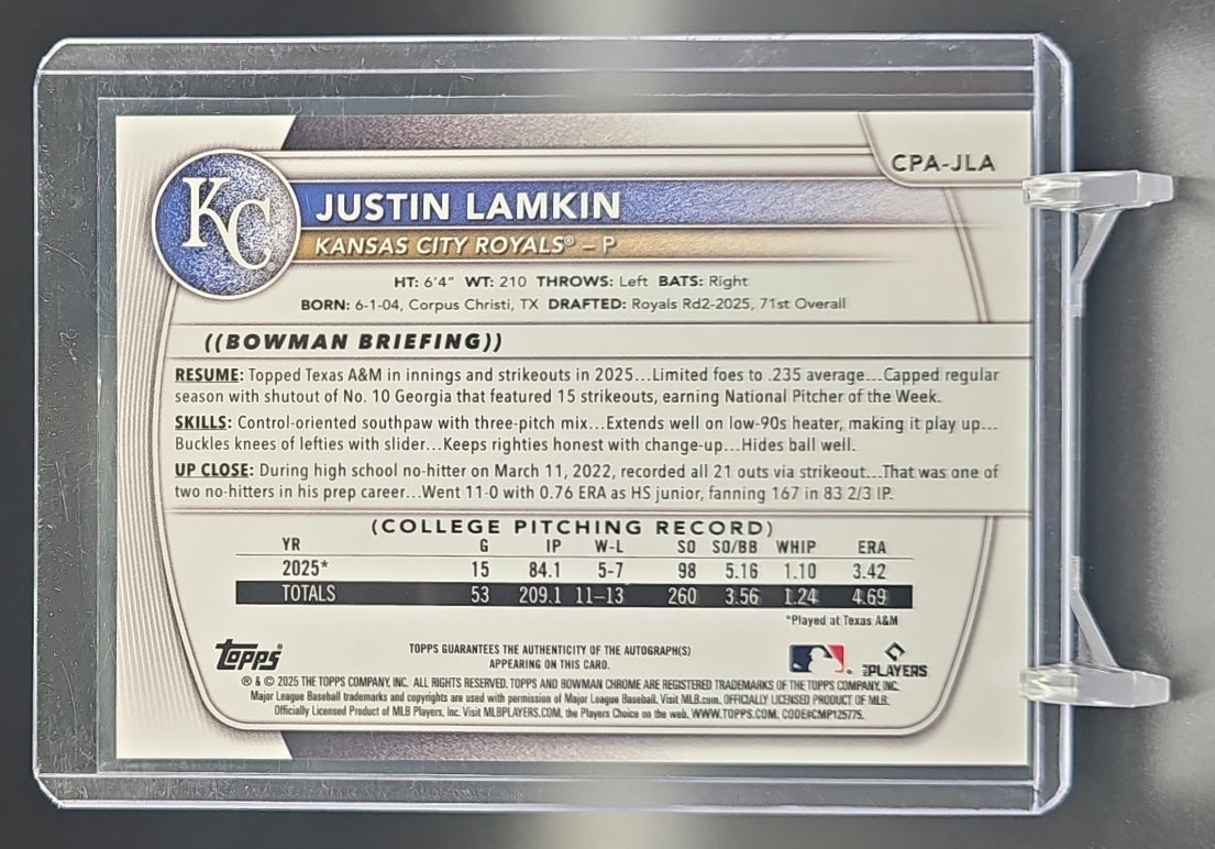 2025 Bowman Draft Justin Lamkin #CPA-JLA Chrome Auto 1st Prospect Royals nan nan image 1
