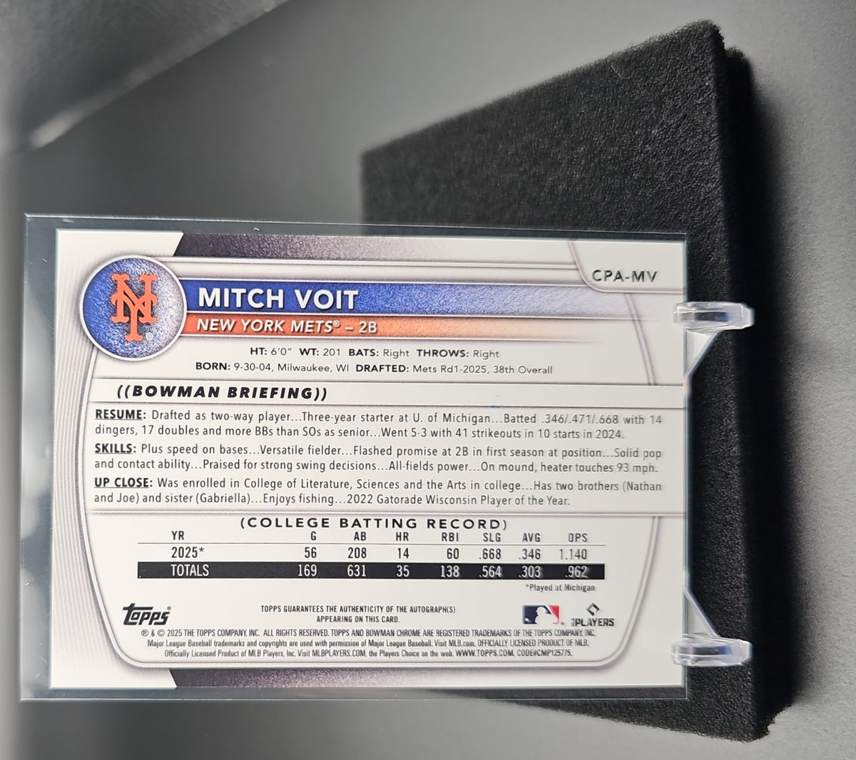2025 Bowman Draft Mitch Voit #CPA-MV Chrome Auto 1st Prospect Mets image 1