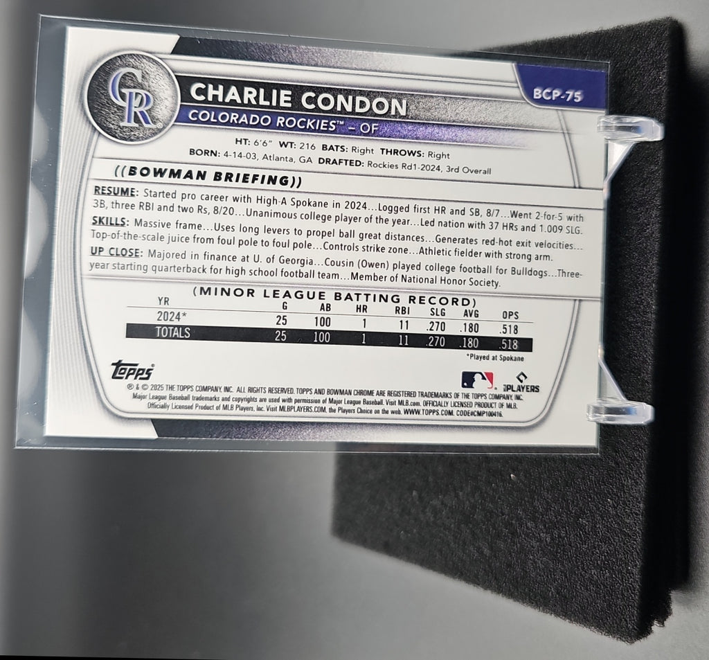 2025 Bowman Charlie Condon #BCP-75 Chrome Aqua Shimmer /125 1st Prospect Rockies image 1