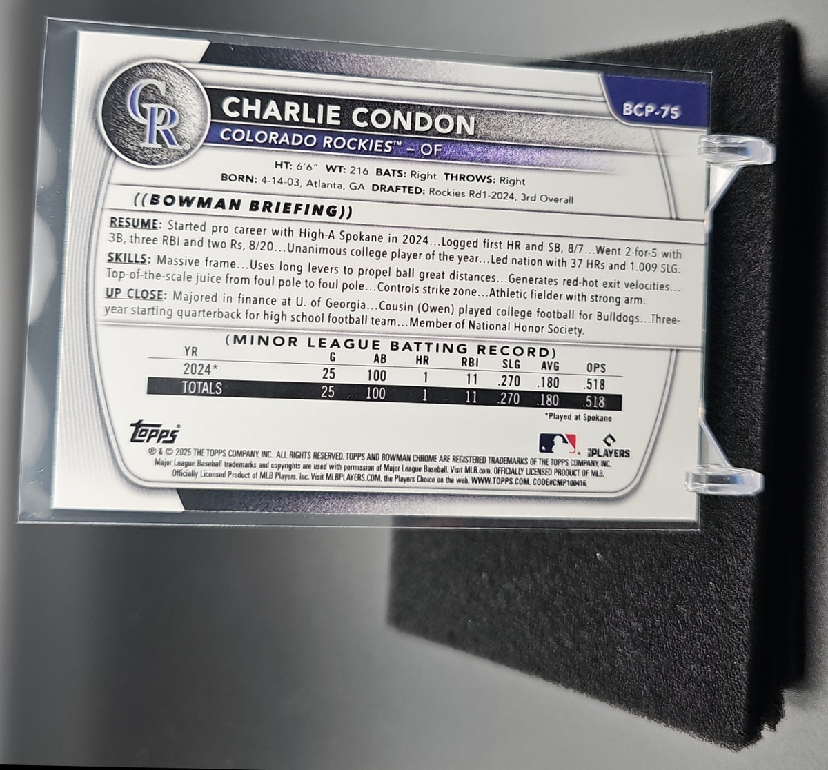 2025 Bowman Charlie Condon #BCP-75 Chrome Aqua Shimmer /125 1st Prospect Rockies image 1