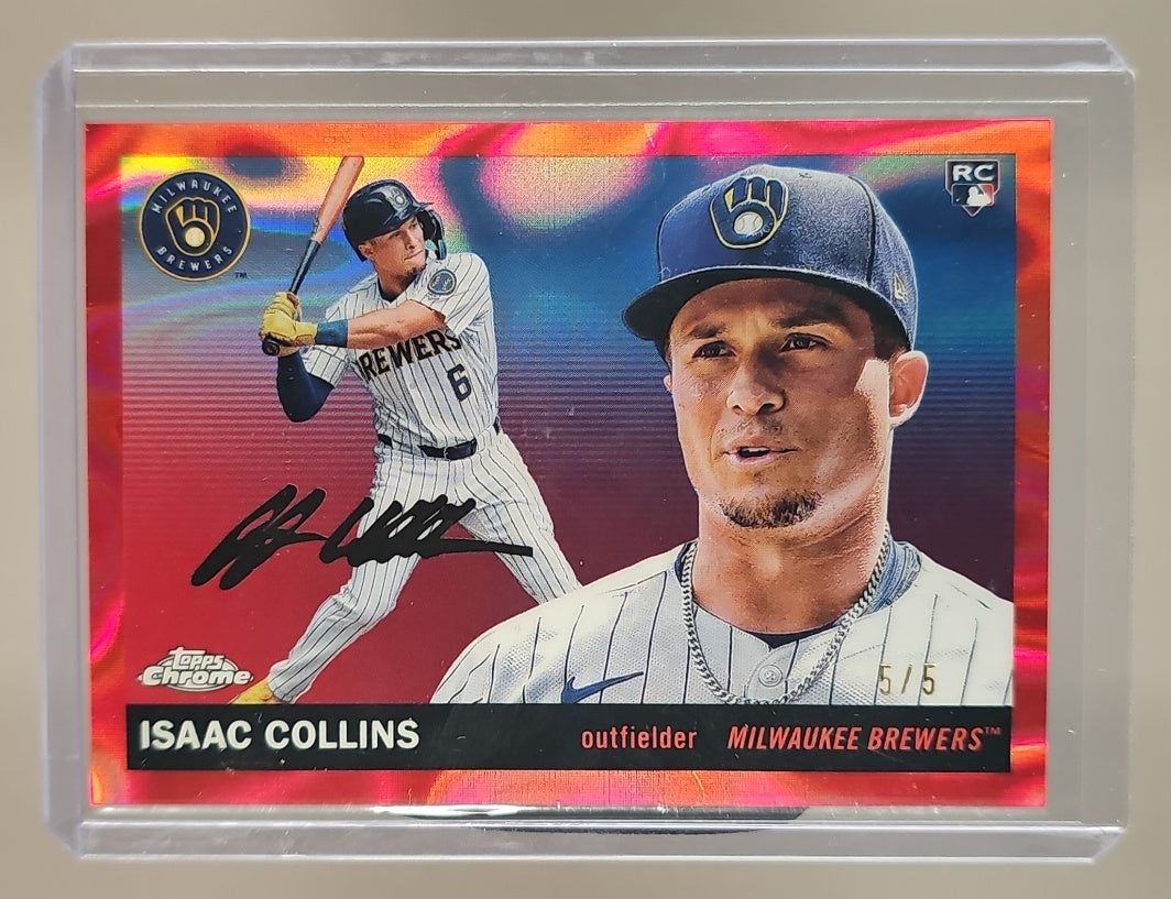 2025 Topps Chrome Platinum Anniversary Isaac Collins #275 Red Vibrations Refractor /5 RC image 0
