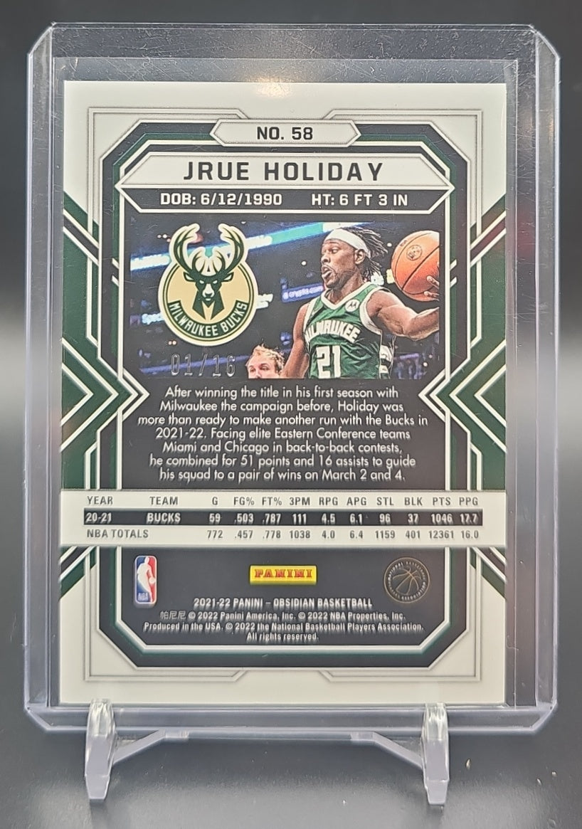 2021-22 Panini Obsidian Jrue Holiday #58 Electric Etch Blue FOTL 1/16 Bucks image 1