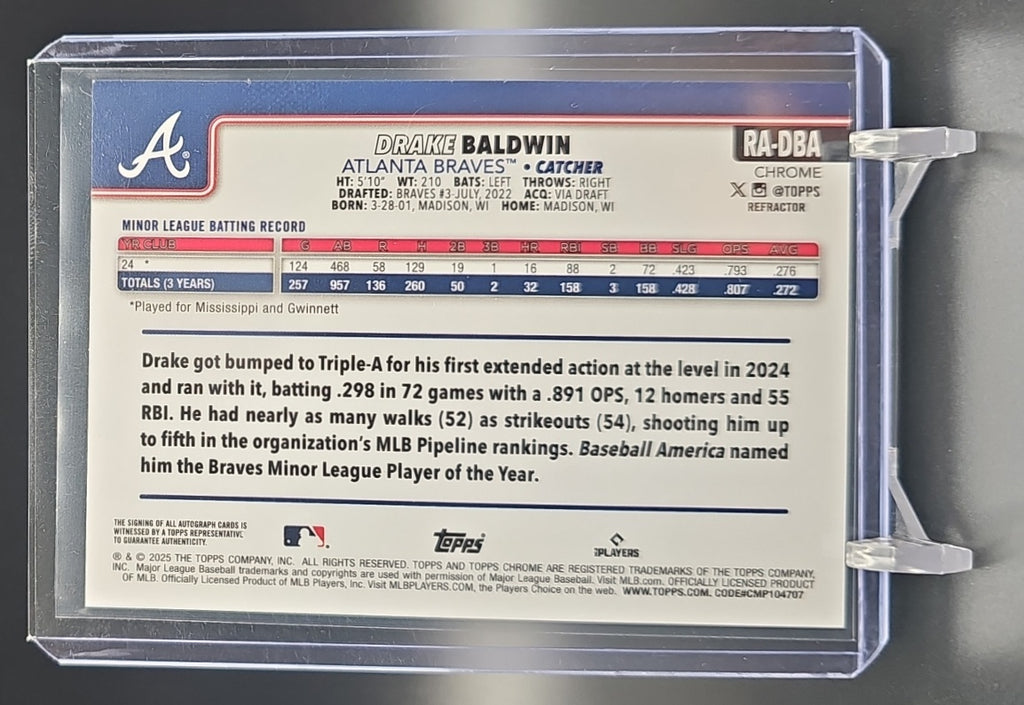 2025 Topps Chrome Drake Baldwin #RA-DBA Rookie Auto Refractor 145/499 RC Braves nan nan image 1
