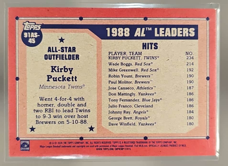 2026 Topps Series 2 Kirby Puckett #91AS-45 1991 All-Star Gold Crackle Foil /50 image 1