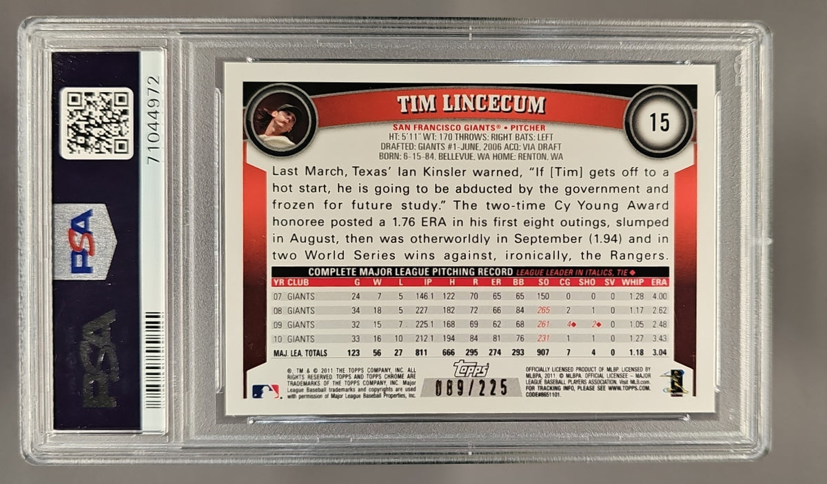 2011 Topps Chrome Tim Lincecum #15 Atomic Refractor 89/225 Giants PSA 10 image 1