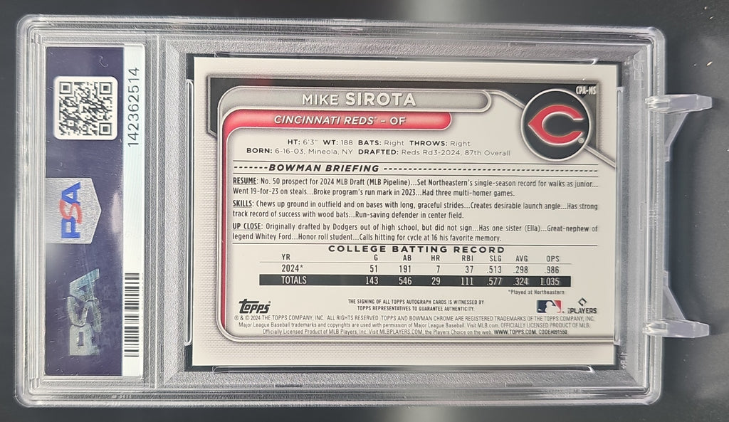 2024 Bowman Draft Mike Sirota #CPA-MS Chrome Auto HTA Choice Refractor /150 1st Prospect PSA 10 PSA 10.0 image 1