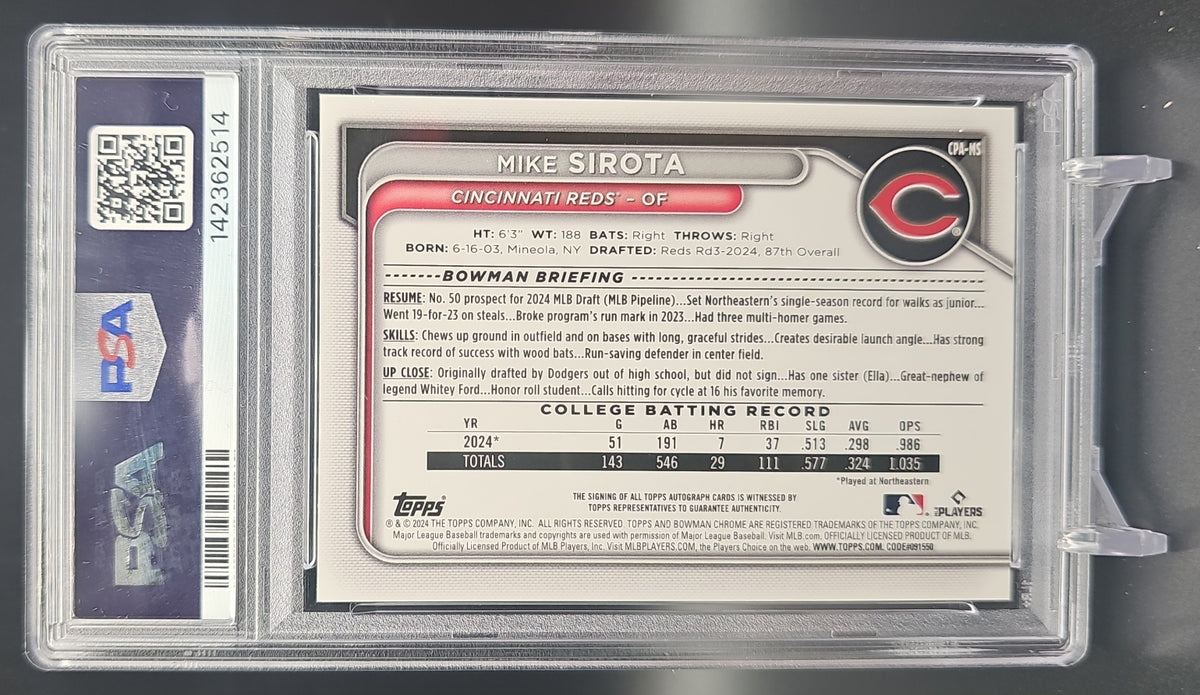 2024 Bowman Draft Mike Sirota #CPA-MS Chrome Auto HTA Choice Refractor /150 1st Prospect PSA 10 PSA 10.0 image 1